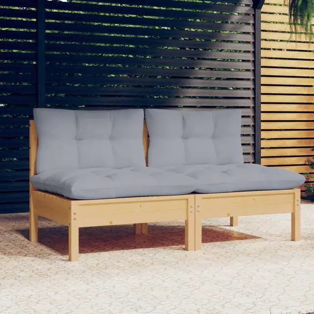 Alt view image 5 of 15 - vidaXL 2-Seater Patio Sofa with Gray Cushions Solid Pinewood