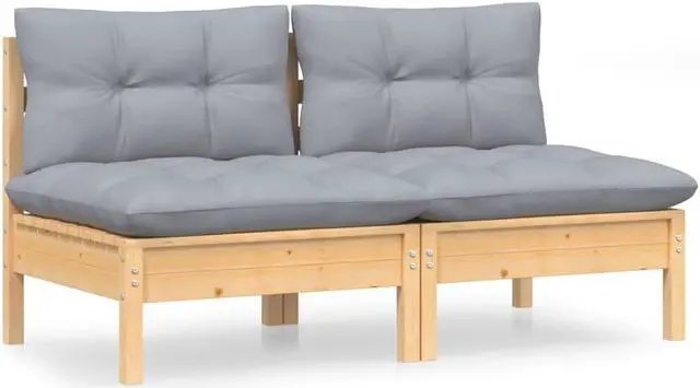 Alt view image 6 of 15 - vidaXL 2-Seater Patio Sofa with Gray Cushions Solid Pinewood