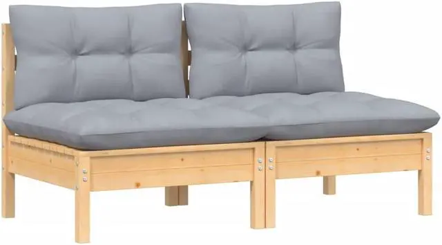 Alt view image 7 of 15 - vidaXL 2-Seater Patio Sofa with Gray Cushions Solid Pinewood