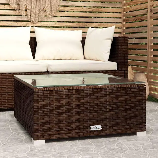 Alt view image 5 of 12 - vidaXL Patio Coffee Table Brown 23.6"x23.6"x11.8" Poly Rattan & Glass