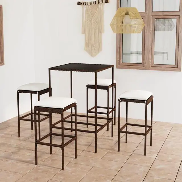 Alt view image 7 of 13 - vidaXL 5 Piece Garden Bar Set with Cushions Poly Rattan Brown