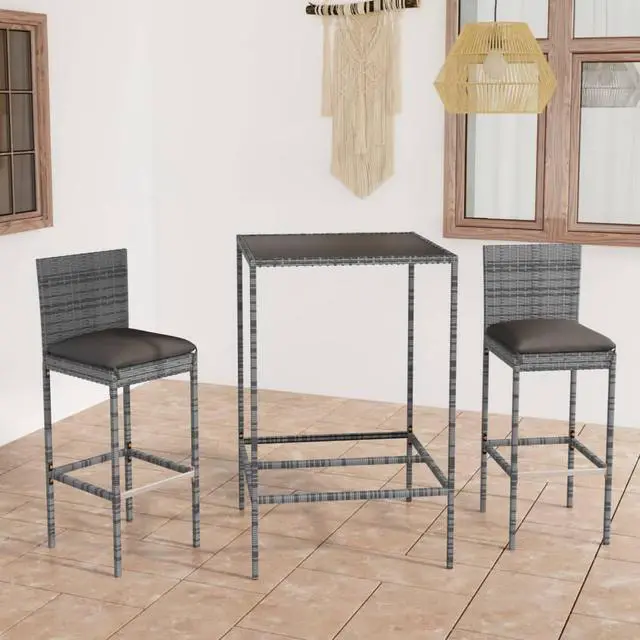 Alt view image 7 of 12 - vidaXL 3 Piece Garden Bar Set with Cushions Poly Rattan Gray