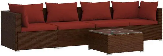 Alt view image 6 of 10 - vidaXL 5 Piece Patio Lounge Set with Cushions Poly Rattan Brown