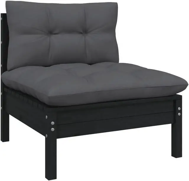 Alt view image 5 of 11 - vidaXL Patio Middle Sofa with Cushions Black Solid Pinewood