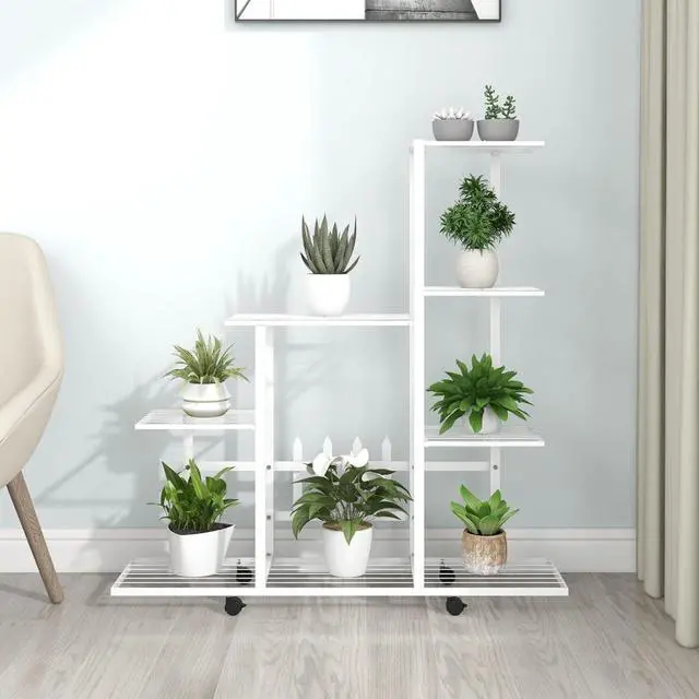 Alt view image 7 of 13 - vidaXL Flower Stand with Wheel 37.2"x9.8"x36.4" White Metal