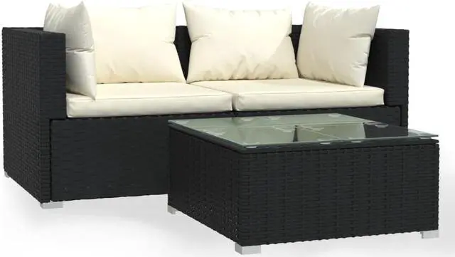 Main image of vidaXL 3 Piece Patio Lounge Set with Cushions Black Poly Rattan