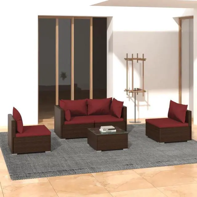 Alt view image 5 of 10 - vidaXL 5 Piece Patio Lounge Set with Cushions Poly Rattan Brown