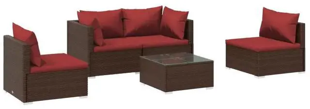 Alt view image 6 of 10 - vidaXL 5 Piece Patio Lounge Set with Cushions Poly Rattan Brown