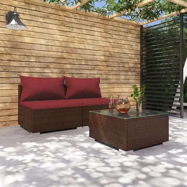 Alt view image 9 of 15 - vidaXL 3 Piece Patio Lounge Set with Cushions Poly Rattan Brown