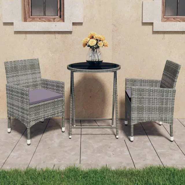 Alt view image 7 of 13 - vidaXL 3 Piece Garden Bistro Set Poly Rattan and Tempered Glass Gray