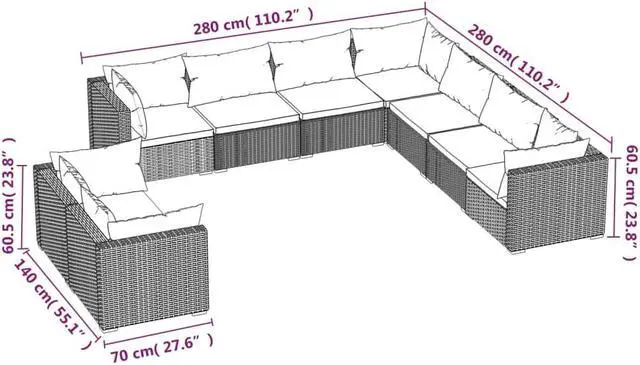 Main image of vidaXL Patio Lounge Set 9 Piece with Cushions Black Poly Rattan Garden Seat