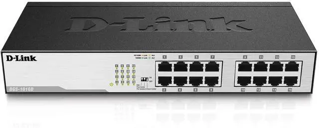 Main image of 16-Port Unmanaged Ethernet Switch, Fanless, Sturdy Metal with Shielded Ports, QoS, Fanless, Port Isolation, Storm Control, Desktop/Rackmount, Energy Saving, Follows NDAA/TAA (DGS-1016D)