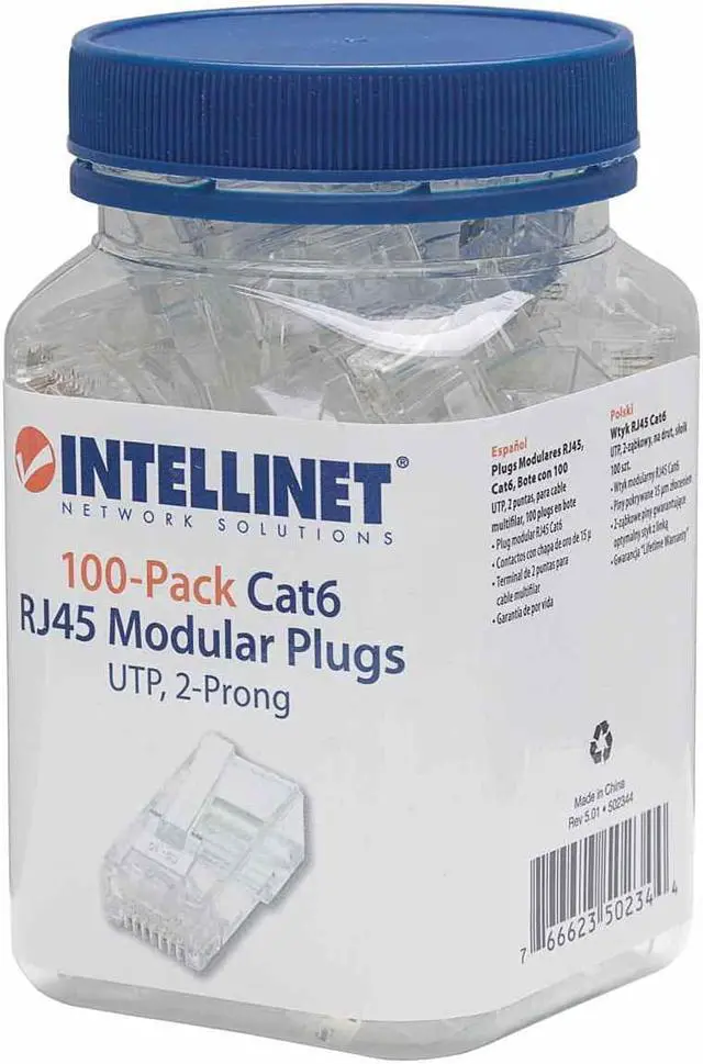 Alt view image 8 of 8 - Intellinet Cat6 2-prong Modular Plugs, Jar of 100 - UTP, Cat6 Modular Plugs for Stranded Wire"