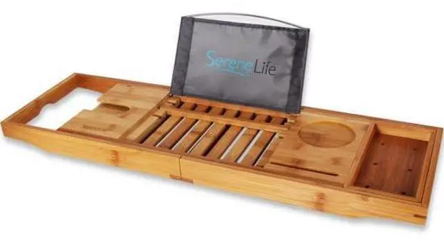 Alt view image 9 of 9 - SereneLife Luxury Bamboo Bathtub Shower Caddy Tray Organizer with Wine Holder