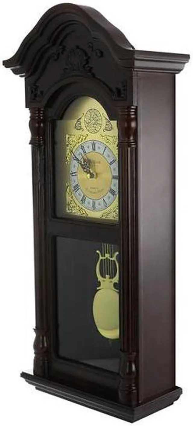 Alt view image 8 of 8 - Bedford Clock Collection 25.5" Antique Mahogany Cherry Oak Chiming Wall Clock with Roman Numerals