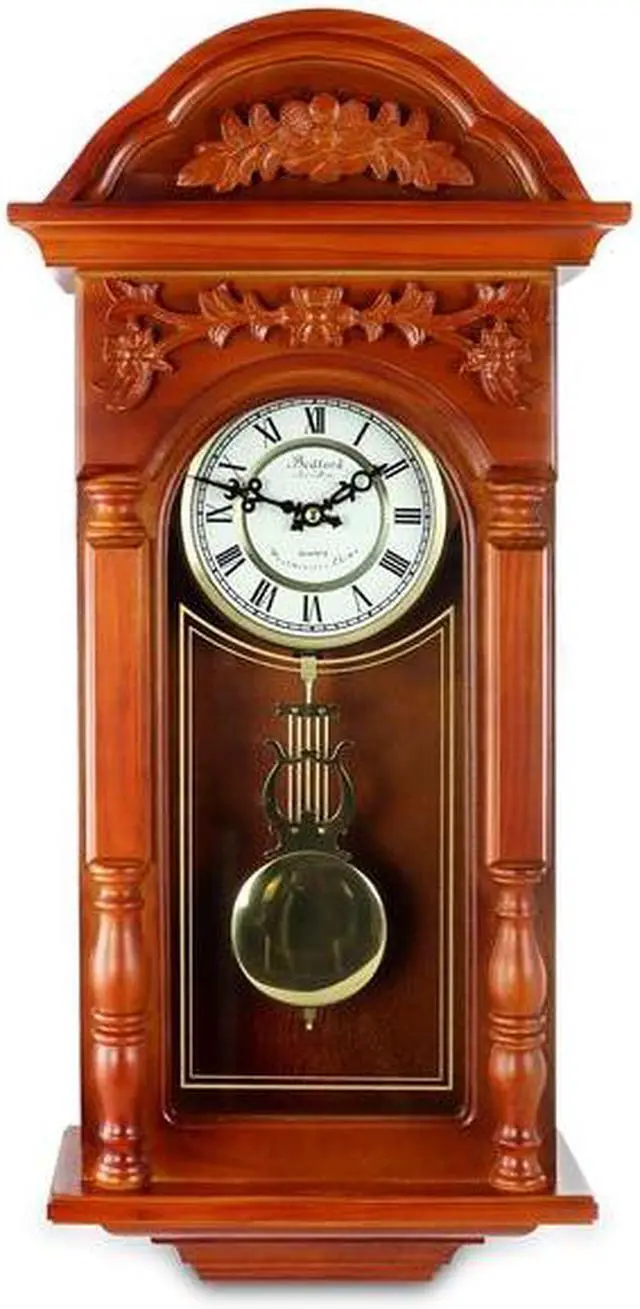 Alt view image 9 of 11 - Bedford Clock Collection 27.5" Antique Chiming Wall Clock with Roman Numerals in a Padauk Oak Finish