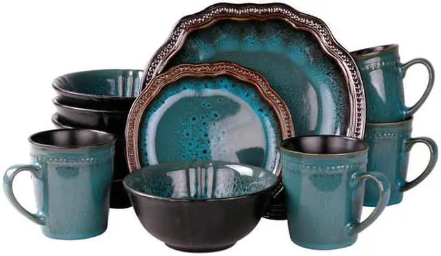 Alt view image 9 of 9 - Elama Round Stoneware High Class Dinnerware Full Service Set, Ocean Blue