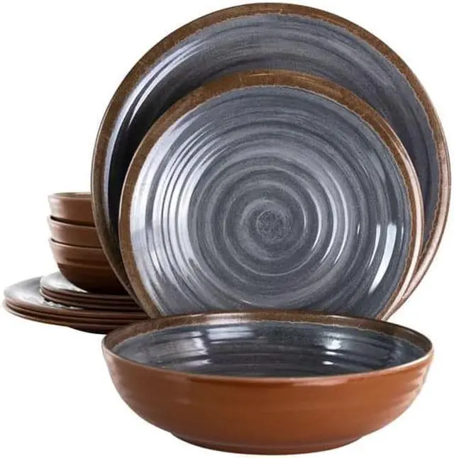 Alt view image 8 of 8 - Elama Stone Oak 12 Piece Lightweight Melamine Dinnerware Set in Black
