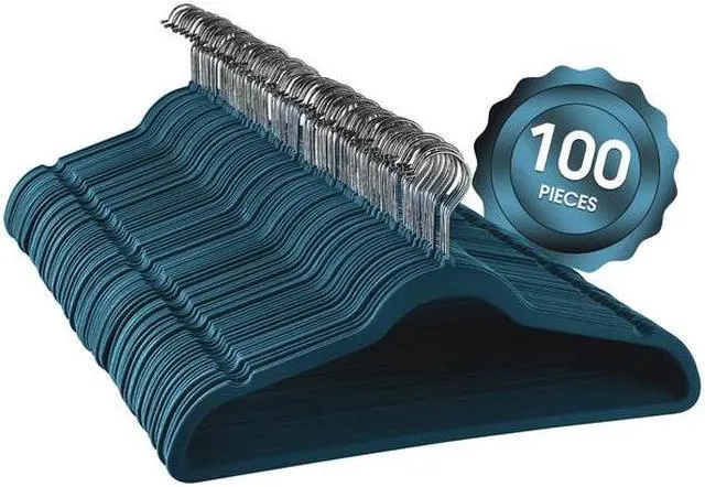 Alt view image 7 of 8 - 100 Piece Set of Velvet Slim Profile Heavy Duty Felt Hangers with Stainless Steel Swivel Hooks in Blue