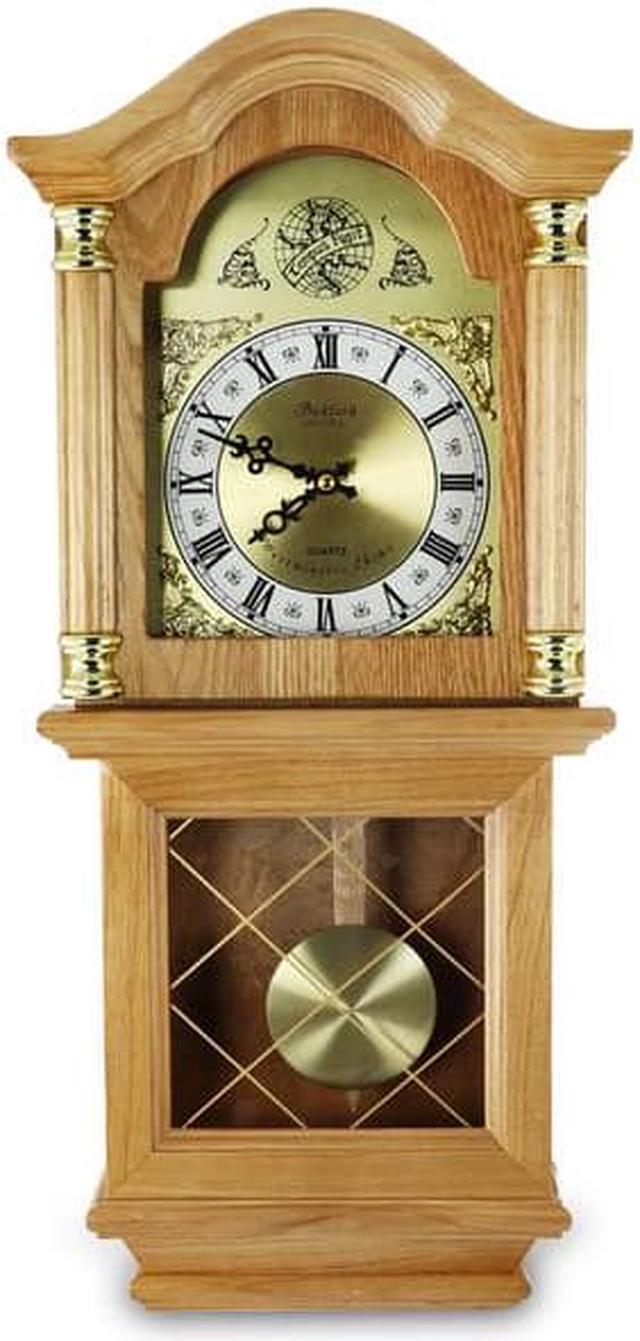 Alt view image 9 of 9 - Bedford Clock Collection Classic Golden Oak Chiming Wall Clock With Swinging Pendulum