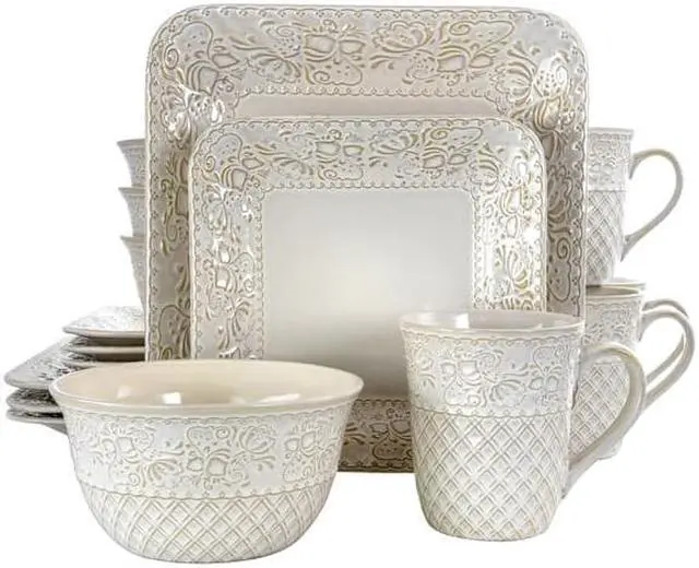 Alt view image 8 of 8 - Elama Ivory Lotus 16 Piece Square Dinnerware Set