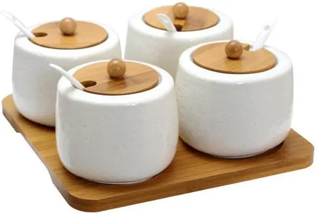 Main image of Elama Ceramic Spice, Jam And Salsa Jars With Bamboo Lids &Amp; Serving Spoons