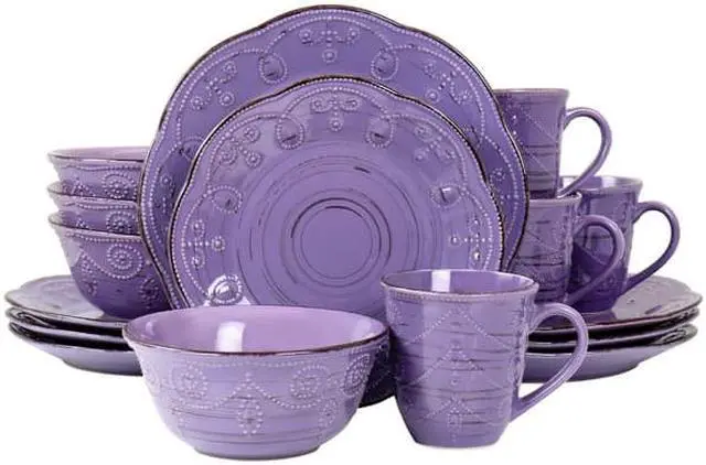Alt view image 8 of 9 - Elama Rustic Birch 16 Piece Stoneware Dinnerware Set in Purple