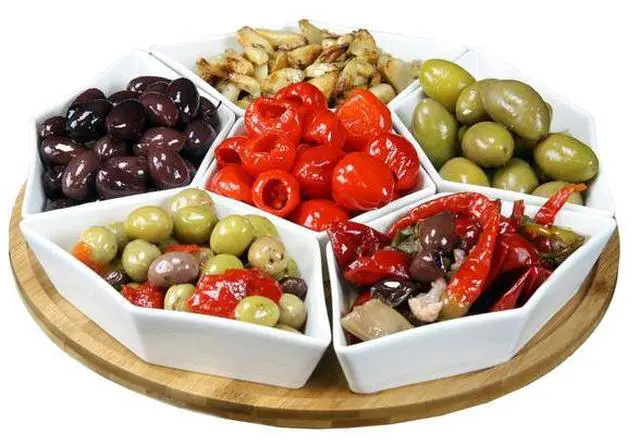 Alt view image 7 of 7 - Elama Signature 12 Inch 7pc Condiment Server Set with a Bamboo Lazy Suzan Serving Tray
