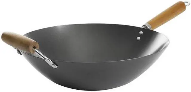 Alt view image 8 of 9 - Kenmore Hammond 14 Inch Flat Bottom Carbon Steel Wok in Black with Wooden Handles