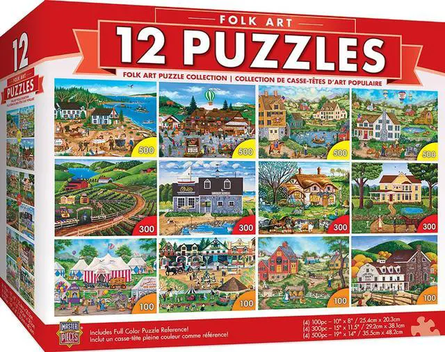Alt view image 8 of 9 - masterpieces folk art collection bundle, jigsaw puzzle, old world scenes & culture, 12pack, 100, 300, 500 pieces, assorted