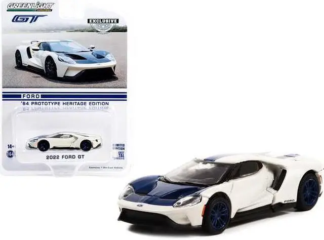 Main image of 2022 Ford GT "1964 Prototype Heritage Edition" White Metallic with Blue Hood and Stripe "Hobby Exclusive" Series 1/64 Diecast Model Car by Greenlight