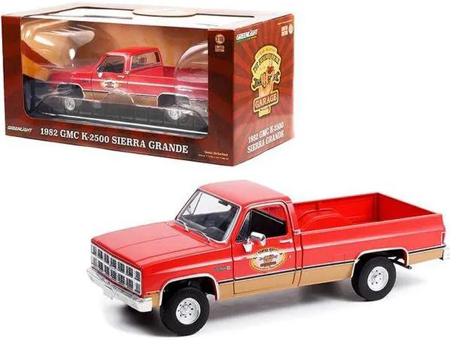 Alt view image 3 of 6 - 1982 GMC K-2500 Sierra Grande Wideside Pickup Truck with Trailer Hitch Red "Busted Knuckle Garage" 1/18 Diecast Model Car by Greenlight