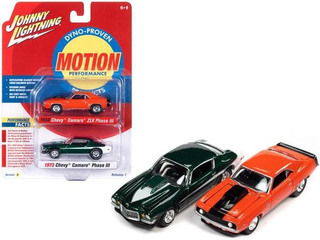 Main image of 1969 Chevrolet Camaro ZLX Phase III Hugger Orange with Black Stripes and 1973 Chevrolet Camaro Phase III Dark Green Metallic and White "Baldwin Motion" Set of 2 Cars 1/64 Diecast Model Cars by Johnny