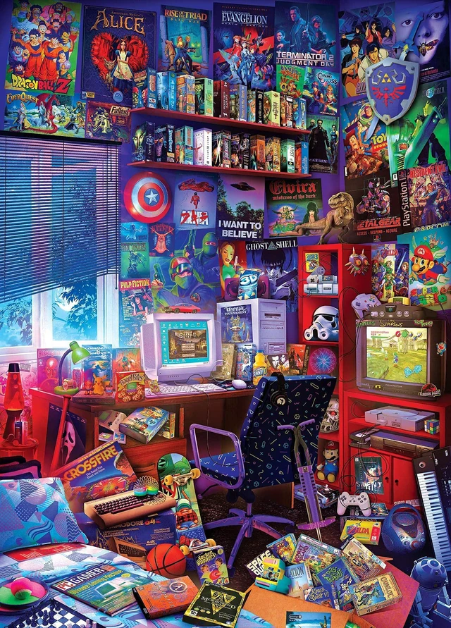 Main image of '80s Game Room Pop Culture 1000 Piece Jigsaw Puzzle by Rachid Lotf Interactive Brain Teaser, Educational Toys & Games for Kids and Adults 28 x 20 Inches