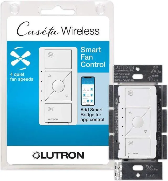 Main image of Caseta Smart Fan Control (Smart Hub Required) 4-Speed for Paddle Fan Smart Fan Control elimates pull chains, choose from 4 fan speeds, preselect your favorite speed, PD-FSQN-WH, White