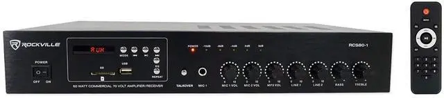 Alt view image 6 of 7 - RCS80-1 70V Commercial Amp with Black WET-44 PRO Speaker Pair | 60W RMS, Bluetooth, USB/SD, FM, 2 Mic Inputs, WET-44 PRO Dual 4" 4-Way Swivel Speakers, Bass/Treble Controls, Remote, 2-Items