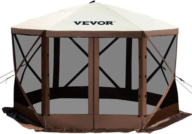 Alt view image 2 of 9 - VEVOR Camping Gazebo Tent, 10'x10', 6 Sided Pop-up Canopy Screen Tent for 8 Person Camping, Waterproof Screen Shelter w/Portable Storage Bag, Ground Stakes, Mesh Windows, Brown & Beige
