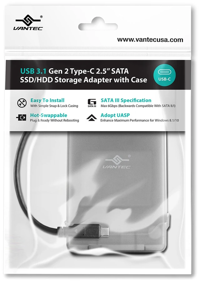 Main image of Vantec USB 3.1 Gen 2 Type-C 2.5" SATA SSD/HDD Storage Adapter (CB-STC31-2PB) , black