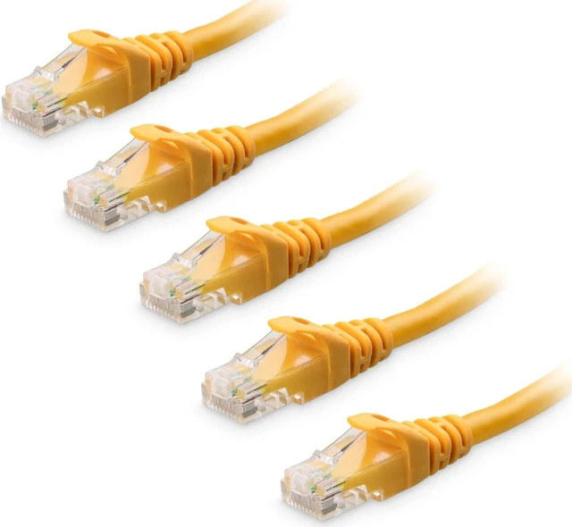 Main image of 10Gbps 5-Pack Snagless Cat 6 Ethernet Cable, 1ft, Yellow | 24 AWG Bare Copper, Gold-Plated RJ45, PoE++, 550MHz Bandwidth, Cat6 Cable, Ethernet Cord