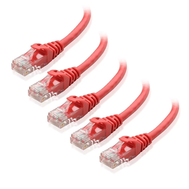 Main image of 10Gbps 5-Pack Snagless Cat 6 Ethernet Cable, 1ft, Red | 24 AWG Bare Copper, Gold-Plated RJ45, PoE++, 550MHz Bandwidth, Cat6 Cable, Ethernet Cord