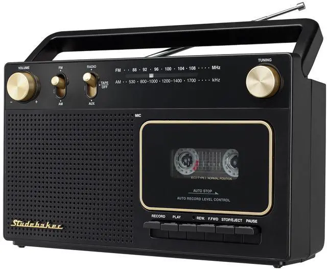 Main image of Studebaker Portable Retro Home Audio Stereo AM/FM Radio & Cassette Player/Recorder with Aux Input Jack & Built in Speakers (Gold)