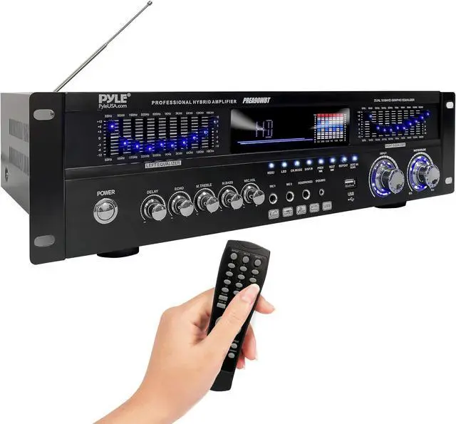 Alt view image 2 of 2 - 6-channel bluetooth hybrid home amplifier - 1600w home audio rack mount stereo power amplifier receiver w/ radio, usb/aux/rca/mic, optical/coaxial, ac-3, dvd inputs, dual 10 band eq - pyle prea90wbt