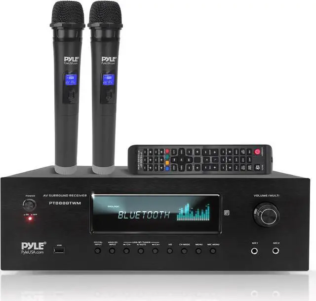 Alt view image 8 of 8 - Pyle 1000W Bluetooth Home Theater Karaoke Receiver - 5.2-Ch Stereo Amplifier 2 UHF Wireless Microphone Video Pass-Through Supports, MP3/USB/HDMI/AM/FM Radio - Pyle PT888BTWM , Black