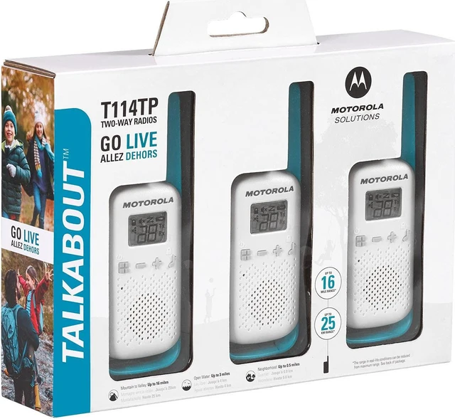 Main image of Motorola Solutions, Portable FRS, T114TP, Talkabout, Two-Way Radios, Battery Operated, 22 Channel, 16 Mile, White/Blue, 3 Pack