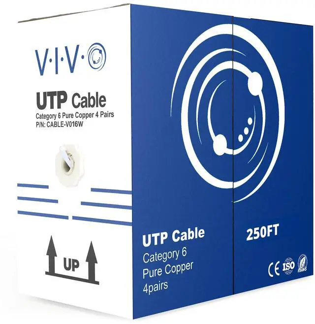Main image of Vivo 250Ft Bulk Cat6  Full Copper Ethernet Cable  23 Awg  Utp Pull Box  Cat-6 Wire  Indoor  Network Installations  White  Cable-V016W