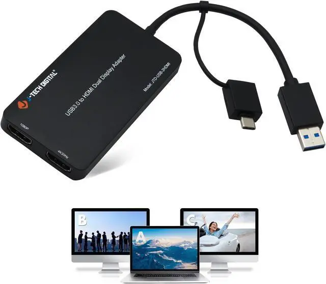 Alt view image 8 of 8 - USB 3.0 (Type A/C) to Dual HDMI 4K 30Hz & 108P 60Hz Display Adapter | Features USB-A or USB-C Inputs, USB Powered, Mirror, Extend, Rotation, Clamshell Modes by J-Tech Digital [JTD-USB-2HDMI]