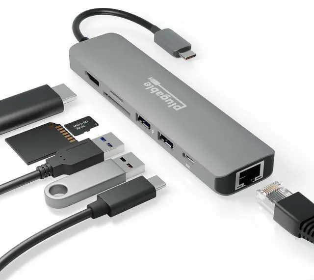 Main image of 7-in-1 USB C Hub Driverless Multiport Adapter with Ethernet, Single 4K60Hz HDMI, 100W Pass-Through Charging, 2X USB 3.0, SD/microSD, for USB-C, USB4, Thunderbolt, Mac, Windows, Chromebook