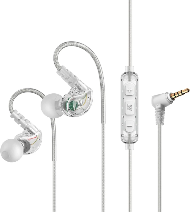 Main image of M6 Sport Wired Earbuds, in Ear Headphones, 3-Button Remote, Sweatproof Earphones for Running/Gym/Workouts with Memory Wire Earhooks, Headset Microphone, 3.5mm Jack Plug (Clear)