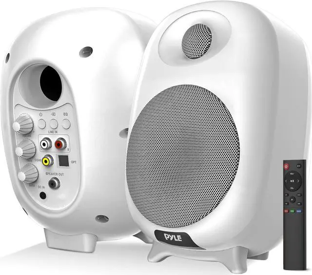 Main image of Pyleusa Hifi 60W Powered Bluetooth Bookshelf Monitor Speaker Set  Optical Rca In  Bass/Treble Adjustable  Deep Bass  3 Audio Mode  Studio Computer Desk Stereo System  Remote Control  White - Pbksr40Wt
