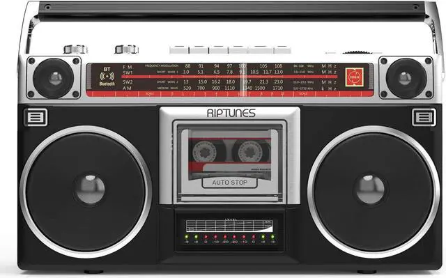 Alt view image 2 of 2 - riptunes boombox radio cassette player recorder, am/fm -sw1/sw2 radio, wireless streaming, usb/micro sd slots, aux in, headphone jack, convert cassettes to usb/sd, classic 80s style retro, black
